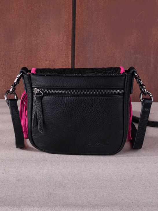 Montana West RLC-L159BK-HPK Womens Genuine Leather Tooled Collection Fringe Crossbody Black Hot Pink back view. If you need any assistance with this item or the purchase of this item please call us at five six one seven four eight eight eight zero one Monday through Saturday 10:00a.m EST to 8:00 p.m EST