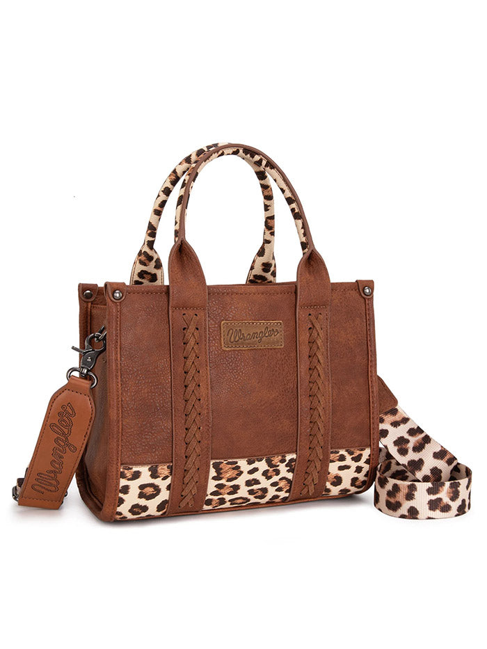 Wrangler WG102-8120SLP-BR Womens Leopard Print Concealed Carry Tote/Crossbody Bag Brown front view. If you need any assistance with this item or the purchase of this item please call us at five six one seven four eight eight eight zero one Monday through Saturday 10:00a.m EST to 8:00 p.m EST