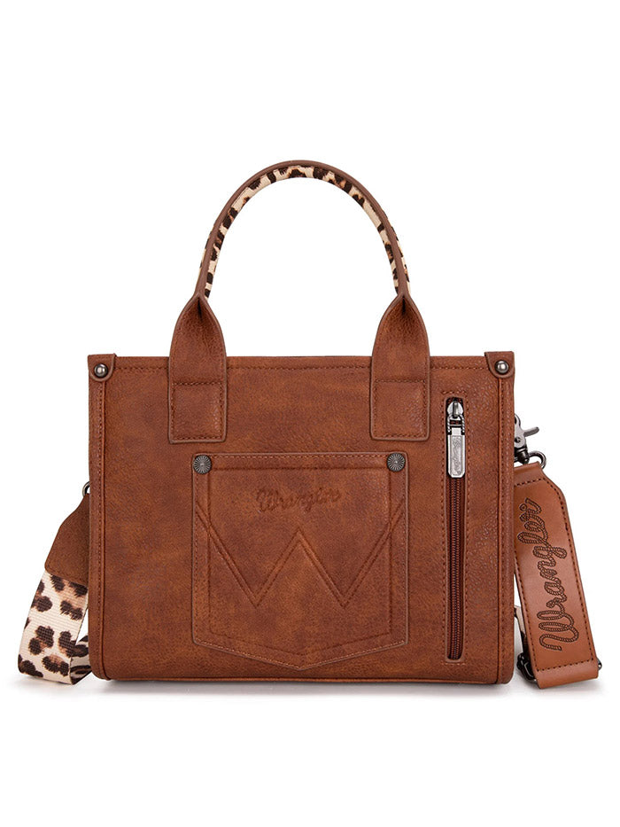 Wrangler WG102-8120SLP-BR Womens Leopard Print Concealed Carry Tote/Crossbody Bag Brown front view. If you need any assistance with this item or the purchase of this item please call us at five six one seven four eight eight eight zero one Monday through Saturday 10:00a.m EST to 8:00 p.m EST