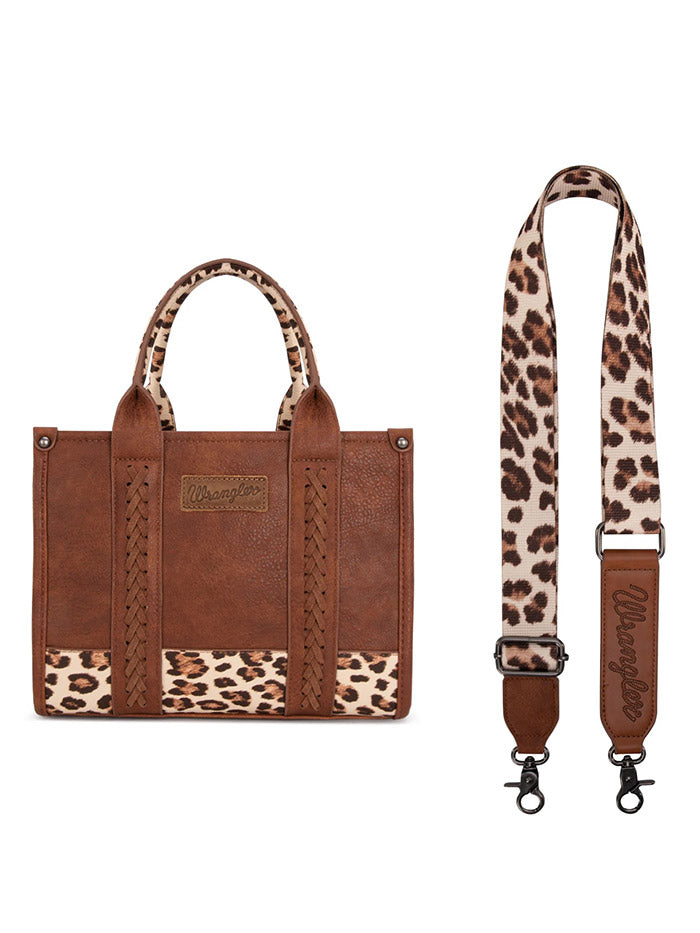 Wrangler WG102-8120SLP-BR Womens Leopard Print Concealed Carry Tote/Crossbody Bag Brown front view. If you need any assistance with this item or the purchase of this item please call us at five six one seven four eight eight eight zero one Monday through Saturday 10:00a.m EST to 8:00 p.m EST