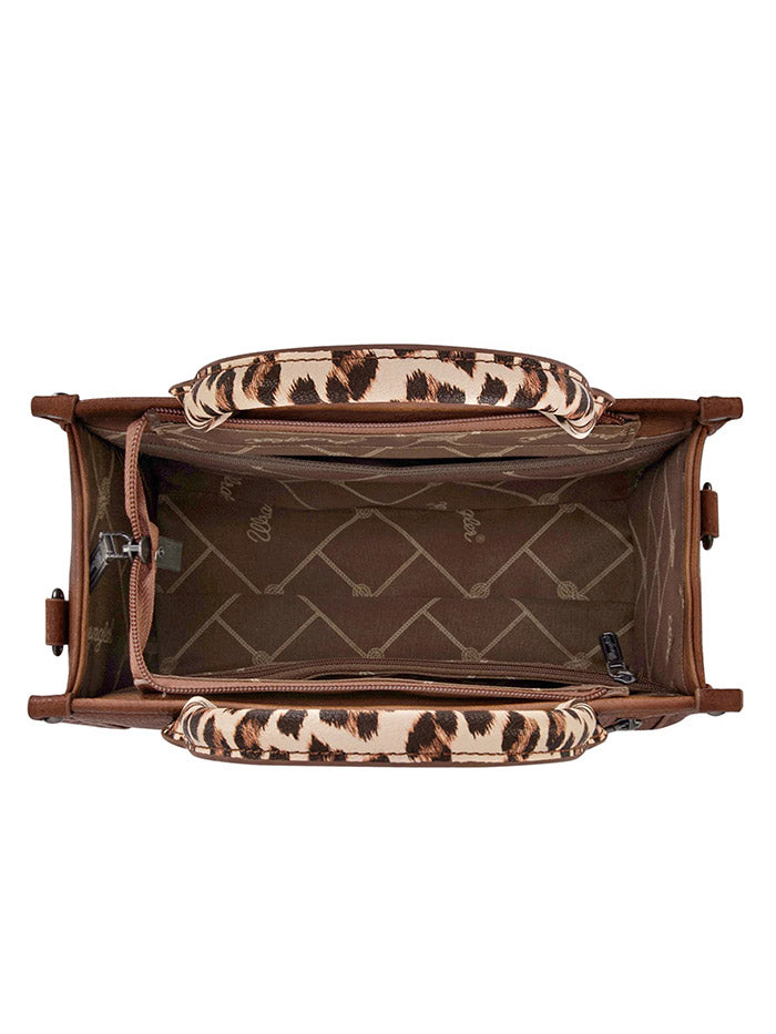Wrangler WG102-8120SLP-BR Womens Leopard Print Concealed Carry Tote/Crossbody Bag Brown front view. If you need any assistance with this item or the purchase of this item please call us at five six one seven four eight eight eight zero one Monday through Saturday 10:00a.m EST to 8:00 p.m EST