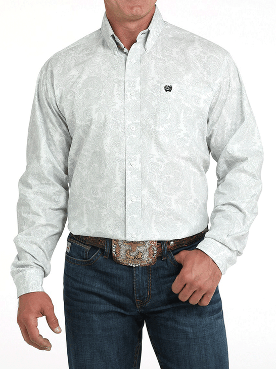 Cinch MTW1105984 Mens Long Sleeve Paisley Print Shirt White front view. If you need any assistance with this item or the purchase of this item please call us at five six one seven four eight eight eight zero one Monday through Saturday 10:00a.m EST to 8:00 p.m EST