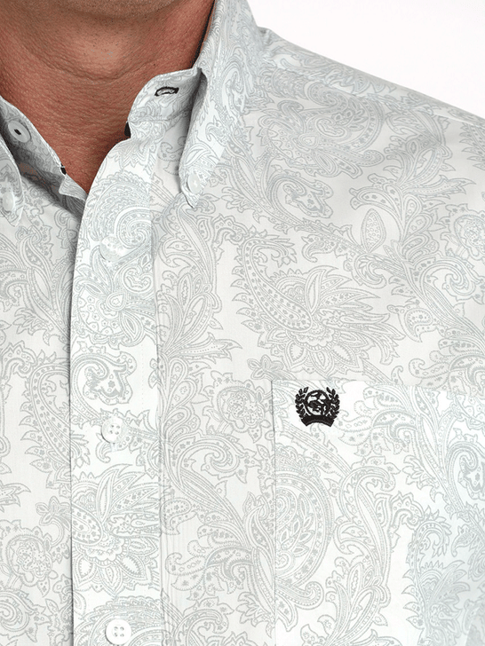 Cinch MTW1105984 Mens Long Sleeve Paisley Print Shirt White close up. If you need any assistance with this item or the purchase of this item please call us at five six one seven four eight eight eight zero one Monday through Saturday 10:00a.m EST to 8:00 p.m EST