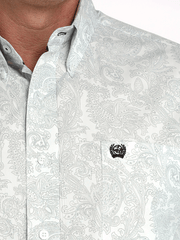 Cinch MTW1105984 Mens Long Sleeve Paisley Print Shirt White close up. If you need any assistance with this item or the purchase of this item please call us at five six one seven four eight eight eight zero one Monday through Saturday 10:00a.m EST to 8:00 p.m EST