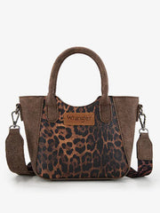 Wrangler WG296-8015CF Womens Leopard Print Small Tote/Crossbody Bag Coffee front view. If you need any assistance with this item or the purchase of this item please call us at five six one seven four eight eight eight zero one Monday through Saturday 10:00a.m EST to 8:00 p.m EST