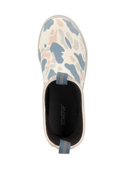 A single slip-on water shoe shown from a top-down view on a white background. The shoe features a light beige upper with a blue and pink camouflage pattern, a black interior, and a light blue pull tab. If you need any assistance with this item or the purchase of this item please call us at five six one seven four eight eight eight zero one Monday through Saturday 10:00a.m EST to 8:00 p.m EST