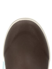 Close-up of the toe area of a dark brown slip-on shoe with a white rubber trim, shown against a plain white background. If you need any assistance with this item or the purchase of this item please call us at five six one seven four eight eight eight zero one Monday through Saturday 10:00a.m EST to 8:00 p.m EST
