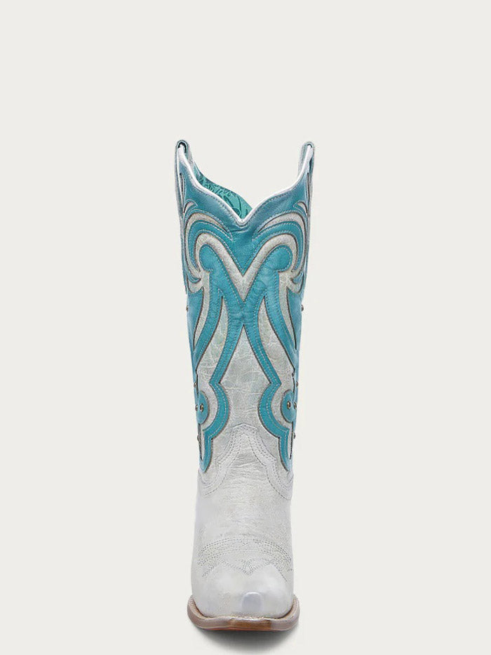 Corral Z5390 Ladies Embroidery And Studs Snip Toe Cowboy Boot White Turquoise Laser side / front view. If you need any assistance with this item or the purchase of this item please call us at five six one seven four eight eight eight zero one Monday through Saturday 10:00a.m EST to 8:00 p.m EST