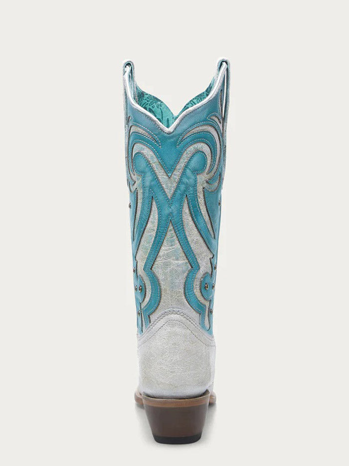 Corral Z5390 Ladies Embroidery And Studs Snip Toe Cowboy Boot White Turquoise Laser side / front view. If you need any assistance with this item or the purchase of this item please call us at five six one seven four eight eight eight zero one Monday through Saturday 10:00a.m EST to 8:00 p.m EST