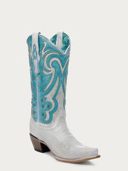 Corral Z5390 Ladies Embroidery And Studs Snip Toe Cowboy Boot White Turquoise Laser side / front view. If you need any assistance with this item or the purchase of this item please call us at five six one seven four eight eight eight zero one Monday through Saturday 10:00a.m EST to 8:00 p.m EST