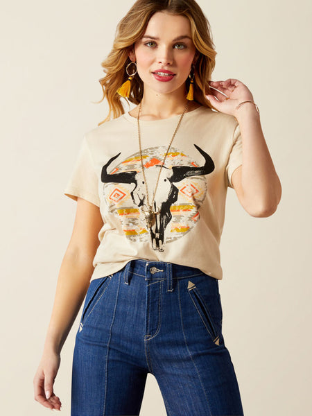 Ariat 10054039 Womens Longhorn Watercolor T-Shirt Natural front view. If you need any assistance with this item or the purchase of this item please call us at five six one seven four eight eight eight zero one Monday through Saturday 10:00a.m EST to 8:00 p.m EST