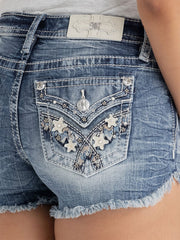 Miss Me M3444H138 Womens Stars Align Denim Shorts Medium Wash back close up. If you need any assistance with this item or the purchase of this item please call us at five six one seven four eight eight eight zero one Monday through Saturday 10:00a.m EST to 8:00 p.m EST
