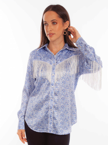 Scully HC865-BLU Womens Mini Floral Print Western Fringe Shirt Blue front view. If you need any assistance with this item or the purchase of this item please call us at five six one seven four eight eight eight zero one Monday through Saturday 10:00a.m EST to 8:00 p.m EST