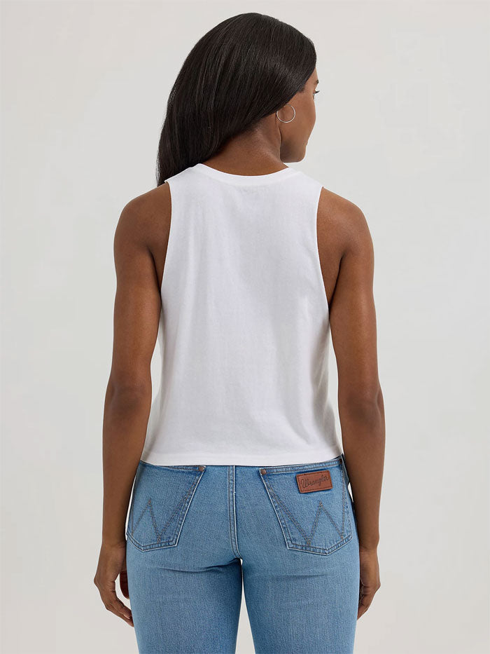 Wrangler 112361879 Womens Festival Crop Graphic Tank White Block front view. If you need any assistance with this item or the purchase of this item please call us at five six one seven four eight eight eight zero one Monday through Saturday 10:00a.m EST to 8:00 p.m EST