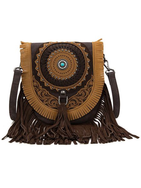 Montana West MW1291-8360CF Womens Concho Fringe Collection Saddle Bag Coffee front view. If you need any assistance with this item or the purchase of this item please call us at five six one seven four eight eight eight zero one Monday through Saturday 10:00a.m EST to 8:00 p.m EST