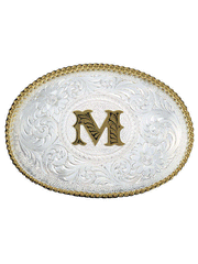 Montana Silversmiths 700 Initial Silver Engraved Gold Trim Western Belt Buckle letter M front view. If you need any assistance with this item or the purchase of this item please call us at five six one seven four eight eight eight zero one Monday through Saturday 10:00a.m EST to 8:00 p.m EST