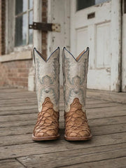 Corral A4050 Mens Pirarucu Embroidery Wide Square Toe Boot Cognac And White pair view. If you need any assistance with this item or the purchase of this item please call us at five six one seven four eight eight eight zero one Monday through Saturday 10:00a.m EST to 8:00 p.m EST
