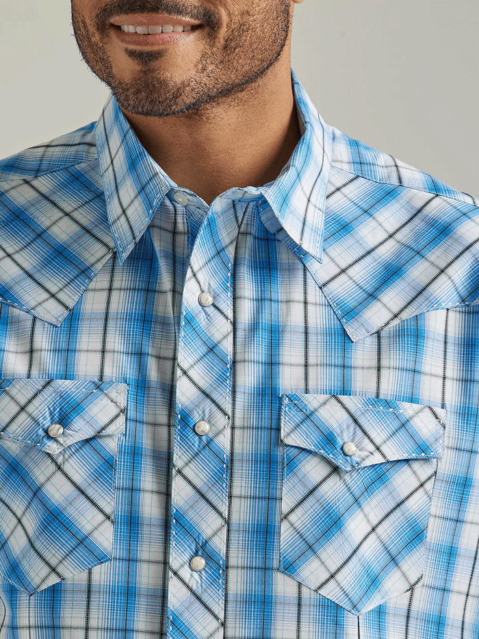 Wrangler 112326469 Mens Short Sleeve Western Plaid Shirt Blue Horizons front view. If you need any assistance with this item or the purchase of this item please call us at five six one seven four eight eight eight zero one Monday through Saturday 10:00a.m EST to 8:00 p.m EST