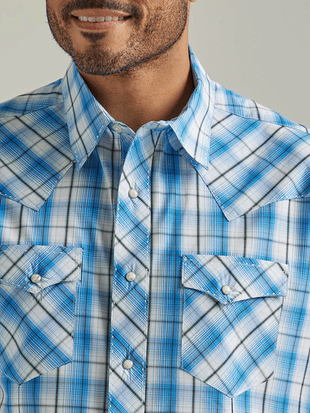 Wrangler 112326469 Mens Short Sleeve Western Plaid Shirt Blue Horizons front close up. If you need any assistance with this item or the purchase of this item please call us at five six one seven four eight eight eight zero one Monday through Saturday 10:00a.m EST to 8:00 p.m EST