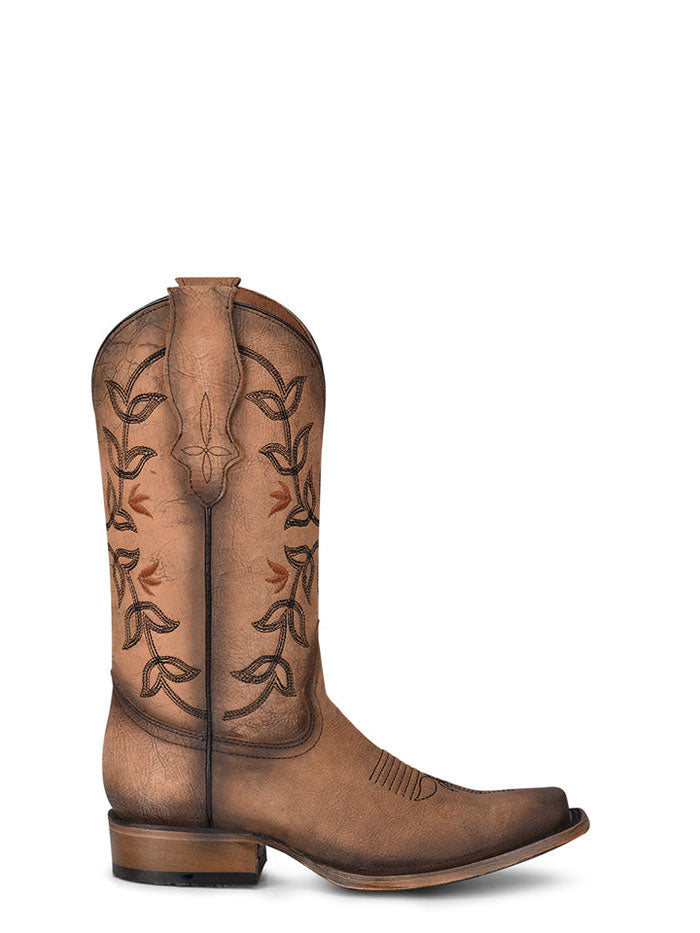 Circle G L2032 Ladies Floral Embroidery Square Toe Boot Brown side / front view. If you need any assistance with this item or the purchase of this item please call us at five six one seven four eight eight eight zero one Monday through Saturday 10:00a.m EST to 8:00 p.m EST