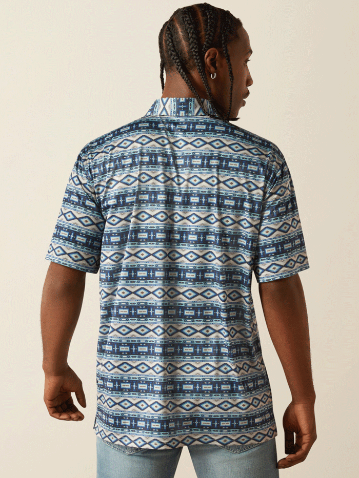 Ariat 10054909 Mens Charger 2.0 Printed Polo Blue Southwest front view. If you need any assistance with this item or the purchase of this item please call us at five six one seven four eight eight eight zero one Monday through Saturday 10:00a.m EST to 8:00 p.m EST