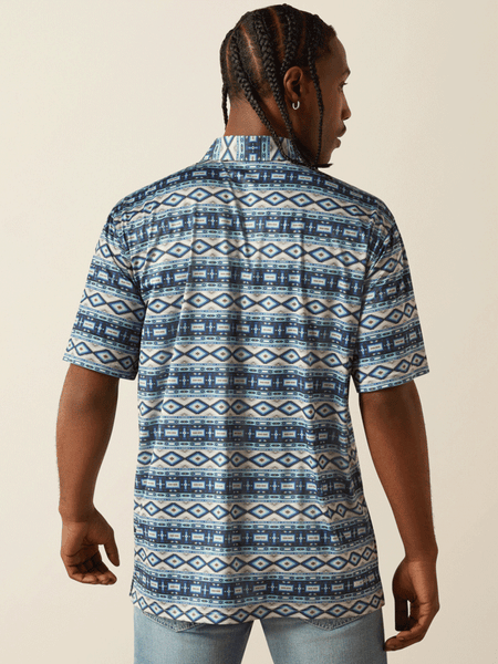 Ariat 10054909 Mens Charger 2.0 Printed Polo Blue Southwest back view. If you need any assistance with this item or the purchase of this item please call us at five six one seven four eight eight eight zero one Monday through Saturday 10:00a.m EST to 8:00 p.m EST