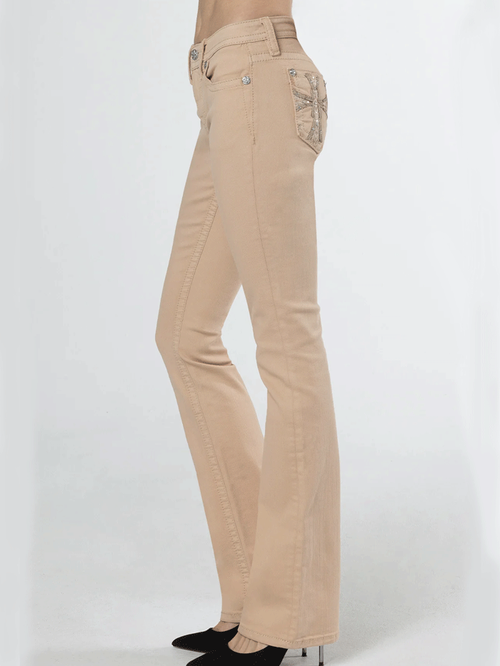 Miss Me M9261B Womens Subtle Cross Bootcut Jeans Beige full back view. If you need any assistance with this item or the purchase of this item please call us at five six one seven four eight eight eight zero one Monday through Saturday 10:00a.m EST to 8:00 p.m EST