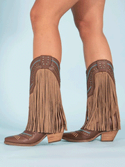 Dingo DI737 Womens Gypsy Leather Boot Brown side view on model. If you need any assistance with this item or the purchase of this item please call us at five six one seven four eight eight eight zero one Monday through Saturday 10:00a.m EST to 8:00 p.m EST