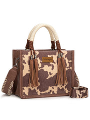 Wrangler WG386-8120SLCF Womens Cow Print Tote/Crossbody Bag Light Coffee front view. If you need any assistance with this item or the purchase of this item please call us at five six one seven four eight eight eight zero one Monday through Saturday 10:00a.m EST to 8:00 p.m EST