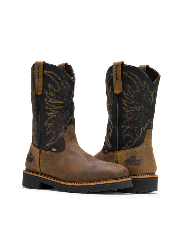 Thorogood 804-4330 Mens American Heritage Square Toe Wellington Boot Crazyhorse Brown side view of pair. If you need any assistance with this item or the purchase of this item please call us at five six one seven four eight eight eight zero one Monday through Saturday 10:00a.m EST to 8:00 p.m EST
