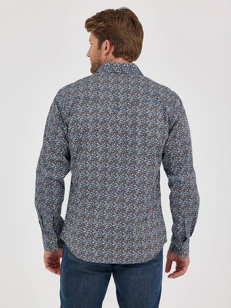 Wrangler 112368223 Mens Retro Premium Long Sleeve Western Snap Shirt Speckly Blue back view. If you need any assistance with this item or the purchase of this item please call us at five six one seven four eight eight eight zero one Monday through Saturday 10:00a.m EST to 8:00 p.m EST