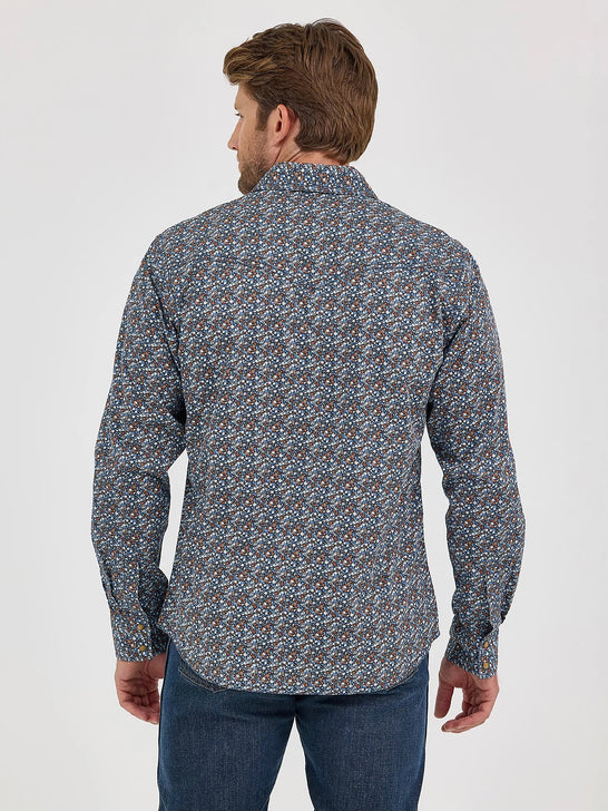 Wrangler 112368223 Mens Retro Premium Long Sleeve Western Snap Shirt Speckly Blue back view. If you need any assistance with this item or the purchase of this item please call us at five six one seven four eight eight eight zero one Monday through Saturday 10:00a.m EST to 8:00 p.m EST