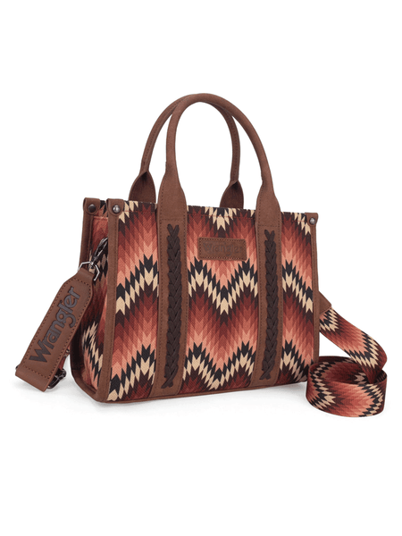 Wrangler WG2211-8120SBR Womens Southwestern Pattern Dual Sided Print Tote Crossbody Bag Brown front and side view. If you need any assistance with this item or the purchase of this item please call us at five six one seven four eight eight eight zero one Monday through Saturday 10:00a.m EST to 8:00 p.m EST