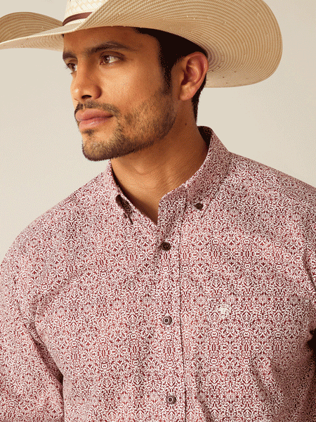 Ariat 10048368 Mens Turner Classic Fit Shirt Syrah Burgundy close up front view. If you need any assistance with this item or the purchase of this item please call us at five six one seven four eight eight eight zero one Monday through Saturday 10:00a.m EST to 8:00 p.m EST