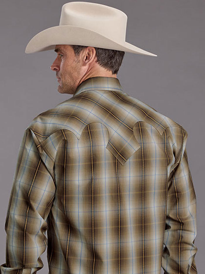 Stetson 11-001-0478-1030 Mens Sand Dobby Plaid Long Sleeve Shirt Dark Khaki Brown front view. If you need any assistance with this item or the purchase of this item please call us at five six one seven four eight eight eight zero one Monday through Saturday 10:00a.m EST to 8:00 p.m EST