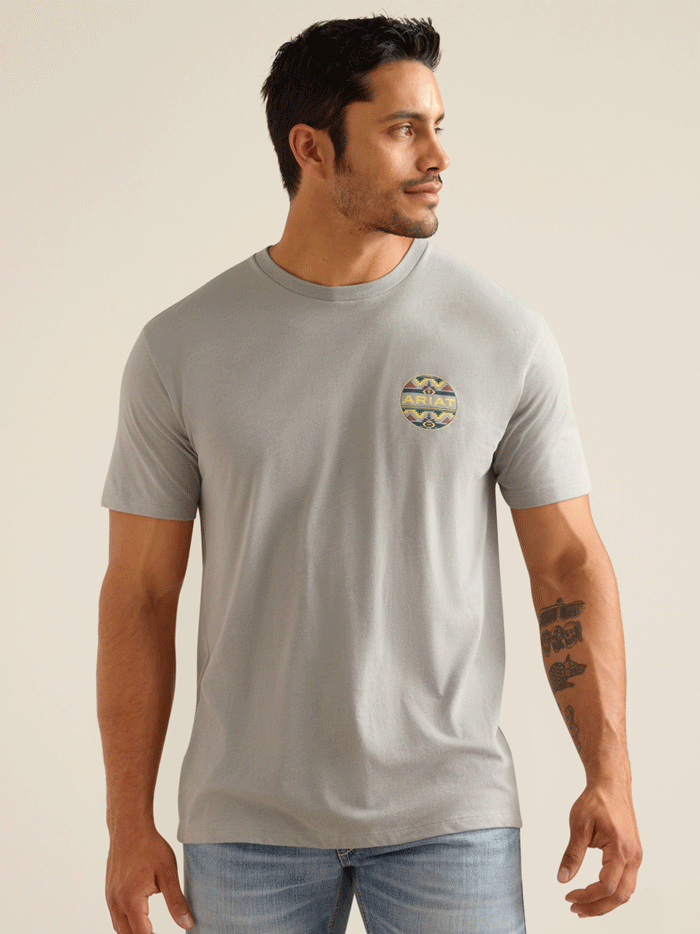 Ariat 10051446 Mens Western Geo T-Shirt Stone Heather back view. If you need any assistance with this item or the purchase of this item please call us at five six one seven four eight eight eight zero one Monday through Saturday 10:00a.m EST to 8:00 p.m EST
