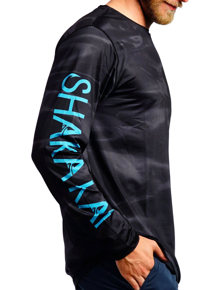 Shaka Kai DaveL TIGHT LINES Mens Long Sleeve Performance Shirt Black back view. If you need any assistance with this item or the purchase of this item please call us at five six one seven four eight eight eight zero one Monday through Saturday 10:00a.m EST to 8:00 p.m EST