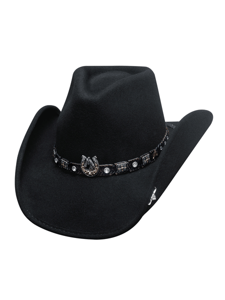Black western hat with decorative band featuring horseshoe and crystals on a white background front view. If you need any assistance with this item or the purchase of this item please call us at five six one seven four eight eight eight zero one Monday through Saturday 10:00a.m EST to 8:00 p.m EST