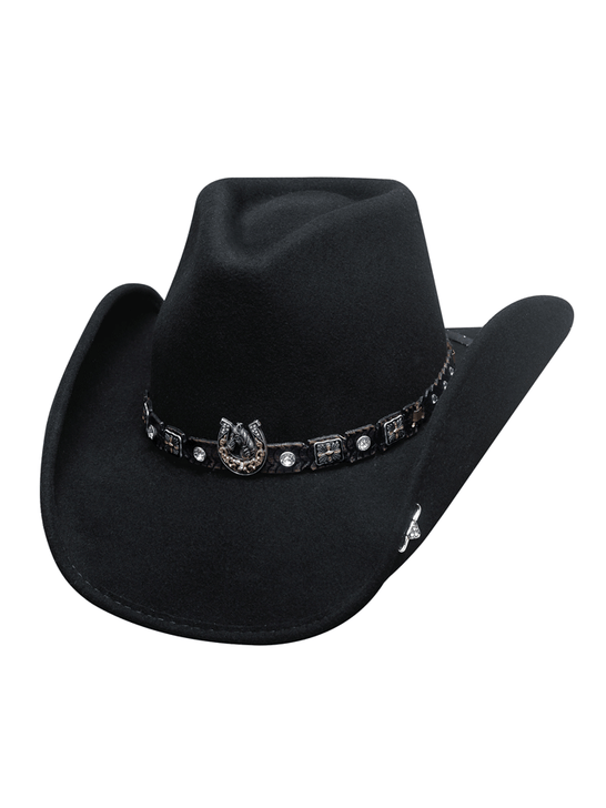 Black western hat with decorative band featuring horseshoe and crystals on a white background front view. If you need any assistance with this item or the purchase of this item please call us at five six one seven four eight eight eight zero one Monday through Saturday 10:00a.m EST to 8:00 p.m EST