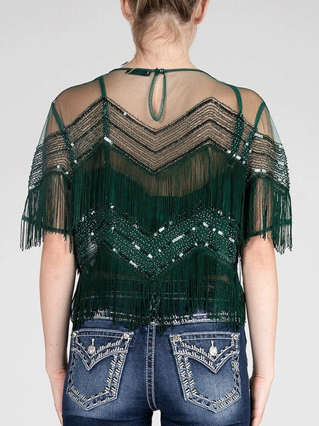 Miss Me MT2797S Womens Mesh Sequin Tassel Crop Top Hunter Green back view. If you need any assistance with this item or the purchase of this item please call us at five six one seven four eight eight eight zero one Monday through Saturday 10:00a.m EST to 8:00 p.m EST