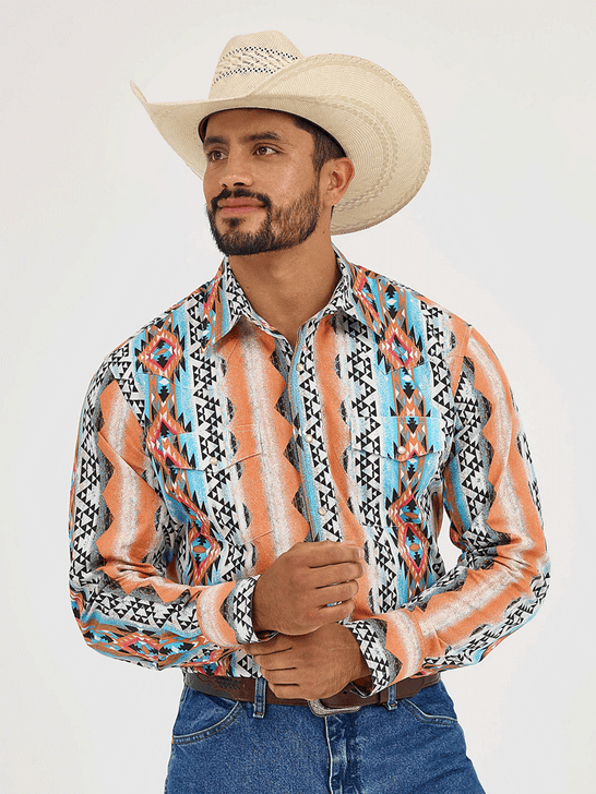 Wrangler 112365887 Mens Checotah Long Sleeve Western Snap Shirt Orange Bowl front view. If you need any assistance with this item or the purchase of this item please call us at five six one seven four eight eight eight zero one Monday through Saturday 10:00a.m EST to 8:00 p.m EST

