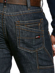 Ariat 10030263 Mens FR M4 Relaxed Stretch Duralight Workhorse Stackable Straight Leg Jean Dark Wash close up. If you need any assistance with this item or the purchase of this item please call us at five six one seven four eight eight eight zero one Monday through Saturday 10:00a.m EST to 8:00 p.m EST