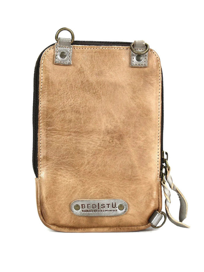 Bed Stu A450319-OTICRS-X Womens Alelike Essentials Crossbody Bag Oats Icicle Rustic front view on model.If you need any assistance with this item or the purchase of this item please call us at five six one seven four eight eight eight zero one Monday through Saturday 10:00a.m EST to 8:00 p.m EST