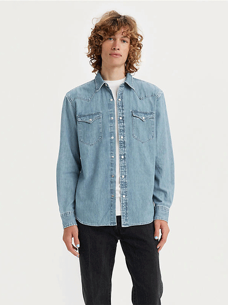 Levis 857450074 Mens Classic Western Standard Fit Shirt Franklin Stonewash front view on model open. If you need any assistance with this item or the purchase of this item please call us at five six one seven four eight eight eight zero one Monday through Saturday 10:00a.m EST to 8:00 p.m EST