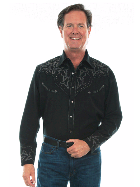 Scully P-912-BLK Mens Longhorn Embroidered Western Shirt Black front view. If you need any assistance with this item or the purchase of this item please call us at five six one seven four eight eight eight zero one Monday through Saturday 10:00a.m EST to 8:00 p.m EST