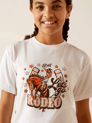 Ariat 10047908 Kids Let's Rodeo T-Shirt White close up of front view. If you need any assistance with this item or the purchase of this item please call us at five six one seven four eight eight eight zero one Monday through Saturday 10:00a.m EST to 8:00 p.m EST