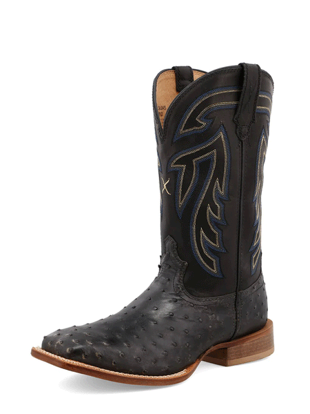 Twisted X MRSL045 Mens Ruff Stock Square Toe Ostrich Boot Black front and side view. If you need any assistance with this item or the purchase of this item please call us at five six one seven four eight eight eight zero one Monday through Saturday 10:00a.m EST to 8:00 p.m EST