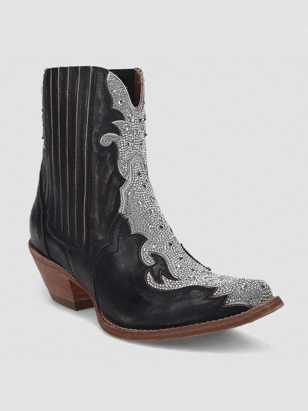 Dan Post DP5125 Womens CRYSTAL Leather Bootie Black front and side view. If you need any assistance with this item or the purchase of this item please call us at five six one seven four eight eight eight zero one Monday through Saturday 10:00a.m EST to 8:00 p.m EST