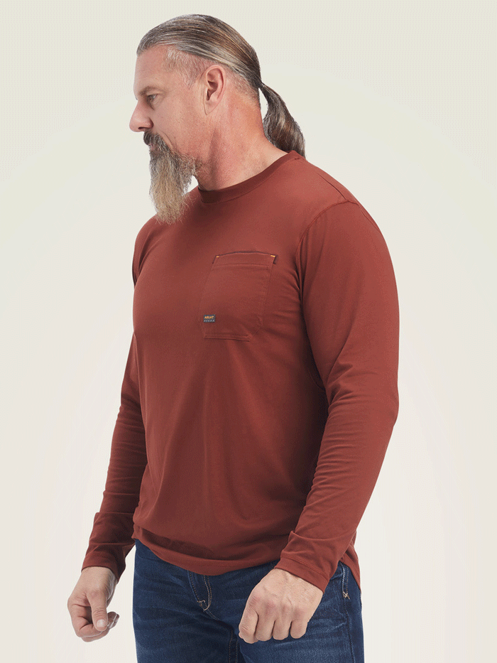 Ariat 10041404 Mens Rebar Workman Full Coverage T-Shirt Cherry Mahogany front view. If you need any assistance with this item or the purchase of this item please call us at five six one seven four eight eight eight zero one Monday through Saturday 10:00a.m EST to 8:00 p.m EST