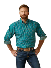 Ariat 10045071 Mens Wrinkle Free Fuller Classic Fit Long Sleeve Shirt Green front view. If you need any assistance with this item or the purchase of this item please call us at five six one seven four eight eight eight zero one Monday through Saturday 10:00a.m EST to 8:00 p.m EST